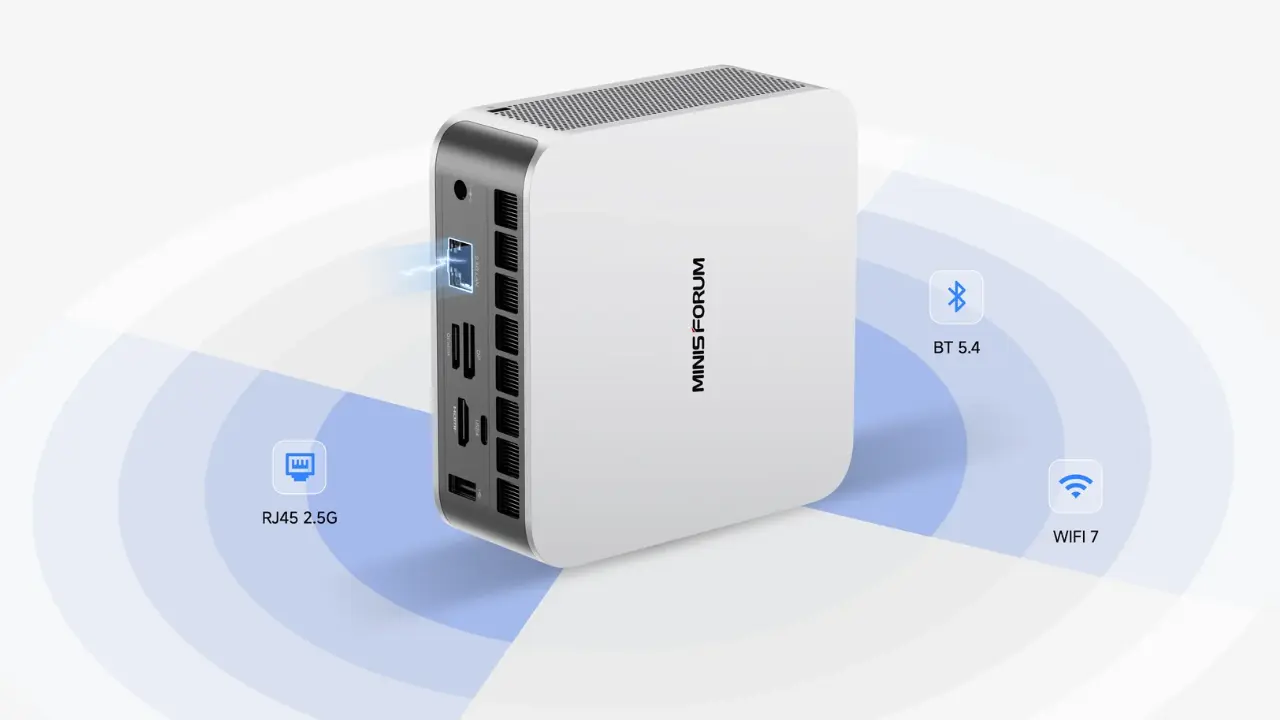 MINISFORUM AI X1-255, mini PC con AMD Ryzen 7 255 y altavoces